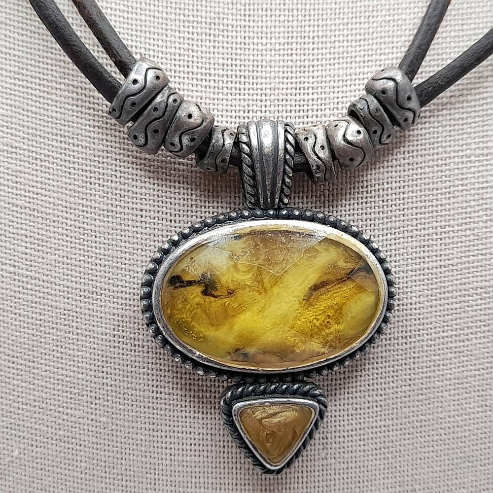 Vintage Chico's Yellow Glass Pendant Necklace - Brown Leather Cords - 20 Inches